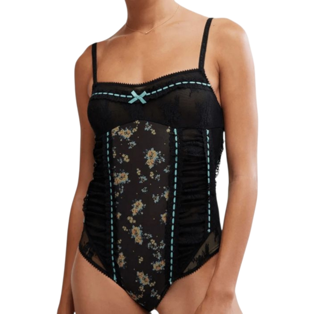 Free People Sara Corset Bodysuit Black Floral Lace Mesh Coquette M NWT